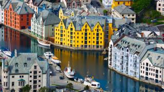 Aksla at the city of Alesund , Norway. It is a sea port, and is noted for its concentration of Art Nouveau architecture.