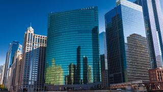 CHICAGO, IL, USA - November 8, 2017: Chicago Skyline West Wacker Drive as seen from the river cruise. Nuveen Building.