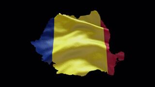 Romania map shape with waving flag background. Alpha channel outline of country.