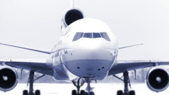 Airliner on runway large three angine jet Selective focus lens Conceptual Blue Tone