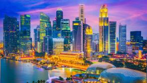 Singapore city skyline at twilight.