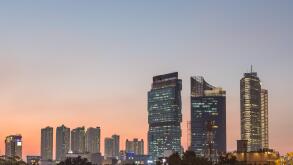 Sunset over Jakarta business district in Indonesia capital city.