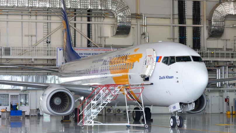MIAT Mongolian Boeing 737 inside the maintenance hangar at Ulaanbaatar Airport. Aircraft hangar for MIAT Mongolian.  MIAT Mongolian Airlines MRO.