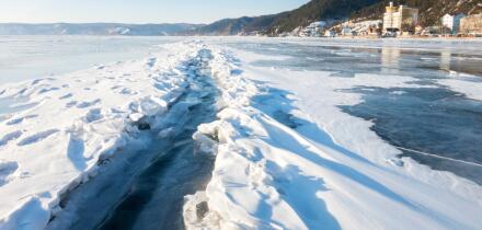 Ice crack in the surface of Lake Baikal that has opened and refrozen, Village of Listvyanka near Irkutsk, Siberia, Russia