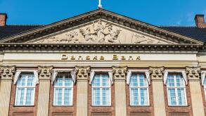 Copenhagen, Denmark - August 27, 2019: Facade of a classic building office of Danske Bank in Copenhagen, Denmark