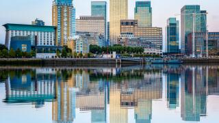 Canary Wharf, financial hub in London at sunset