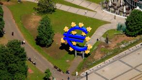 Aerial view, euro sign, European Central Bank, ECB, Frankfurt am Main, Hesse