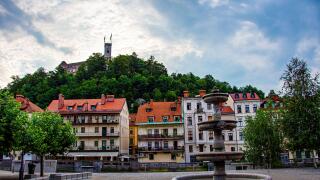 View to the castle and houses in the center of the Ljubljana during wonderfull day