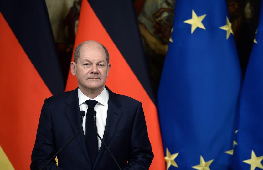 Roma, Italy. 20th Dec, 2021. Italy, Rome, December 20, 2021 : Italian Prime Minister Mario Draghi receives German Chancellor Olaf Scholz at Palazzo Chigi. In the photo : Olaf Scholz in press conference. Photo Credit: Fabio Cimaglia/Sintesi/Alamy Live News