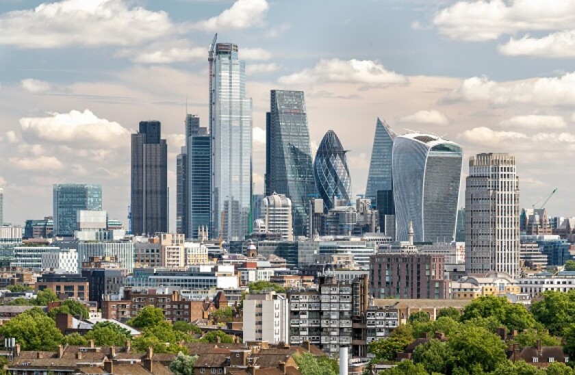 August 2019, City of London skyline from the south west of the Thames River, London, England, United Kingdom, Europe.