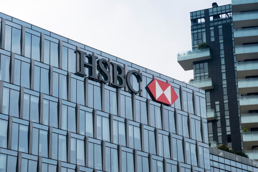 HSBC bank logo on the building of company headquarters in Milan,