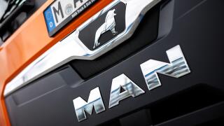 20 March 2023, Bavaria, Munich: The MAN Truck & Bus SE logo can be seen on the front of a MAN Truck & Bus SE vehicle. MAN is part of the TRATON GROUP, one of the world's leading commercial vehicle manufacturers. MAN Truck & Bus SE focuses on the developme