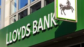 London, England - August 2021: Sign above the entrance to a branch of Lloyds Bank
