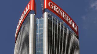 Sign of the Assicurazioni Generali Italian insurance company on top of the Generali Tower in Milan designed by Zaha Hadid Architects