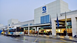 Outside the front entrance to Athens international airport, Greece