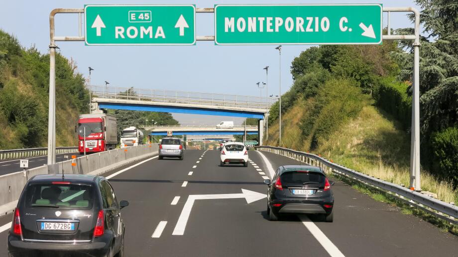 Traffic on Italian Autostrada (highway, motorway) near Rome in Lazio, Italy
