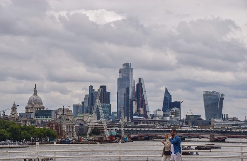 City of London skyline panorama on an overcast day. London, United Kingdom. 5th August 2021.