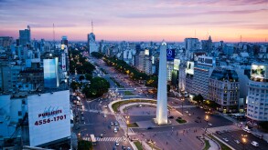 View over Avenida 9 Julio and the obelisk in Plaza Republica, Buenos Aires, Argentina.