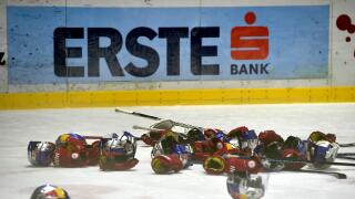 EC Red Bull Salzburg defended the title in Erste Bank Eishockey Liga (EBEL). The Austrians won on Tuesday final 6 in Znojmo, Czech Republic 4:3 and the series 4:2, April 12, 2016. Still life with Erste Bank advert and gloves and helmets after the match.(C