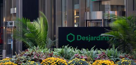 The Desjardins Group logo is seen out front of an office building in downtown Toronto.