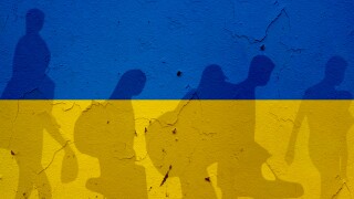 Ukraine,Flag,On,Wall,And,Refugee,Shadows.,Ukraine,War,Concept.