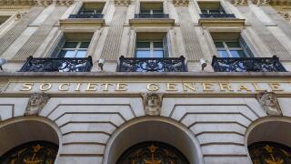 Paris, France - May 19, 2025 : Entrance to a branch of Societe Generale. located at Haussmann boulevard. It is one of the leading French banks and one