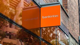 MADRID, SPAIN - SEPTEMBER 13, 2021: Bankinter logo on a bank branch office in Madrid, Spain. Bankinter is a Spanish bank founded in 1965.