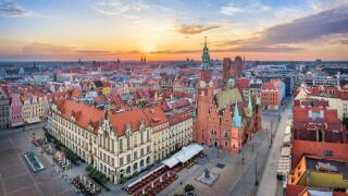 Wroclaw, Poland. Aerial view of Rynek square with historic gothic Town Hall on sunrise