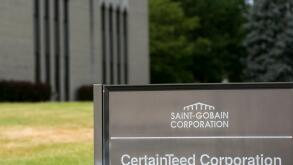 A logo sign outside of the headquarters of CertainTeed Corporation, a subsidiary of Saint-Gobain S.A., in Wayne, Pennsylvania.