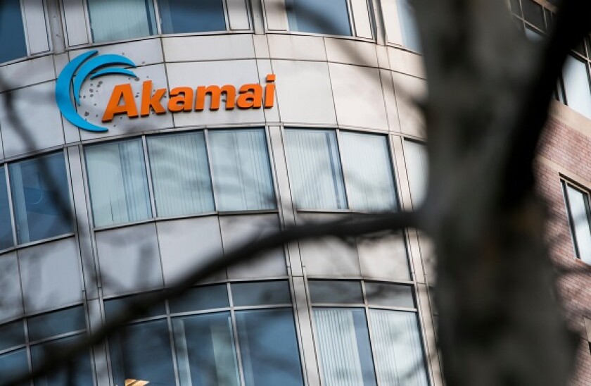 A logo sign outside of the headquarters of Akamai Technologies, Inc., in Cambridge, Massachusetts on February 21, 2018.