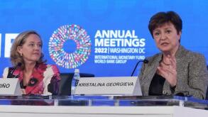 October 14, 2022, Washington, Distric of Columbia, USA: International Monetary and Financial Committee(IMFC) Chair NADIA CALVIA?O and IMF Manager Director KRISTALINA GEORGIEVA speak during a press briefing today on October 14, 2022 at HQ1/IMF in Washingto