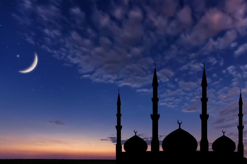 Night sky landscape mosque silhouette, Crescent moon stars, Ramadan Kareem celebration.