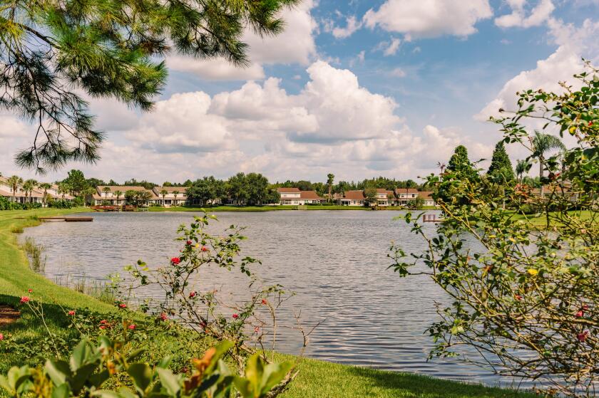 Townhouses surround a small lake in the suburbs just outside of Tampa, Florida, USA.