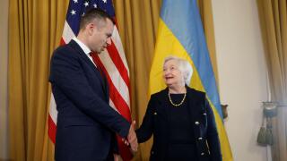 U.S. Treasury Secretary Janet Yellen shakes hands with Ukraine's Finance Minister Serhiy Marchenko during a bilateral meeting at the U.S. Treasury Department in Washington, U.S. October 11, 2022. REUTERS/Jonathan Ernst