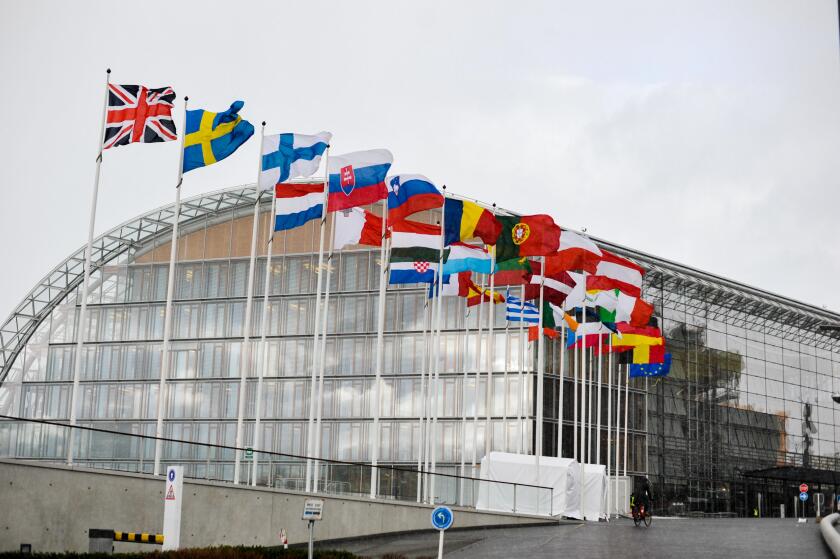 Flags of the european countries in front of the European Investment Bank, Luxembourg