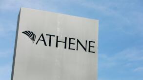 A logo sign outside of a facility occupied by Athene Holding in West Des Moines, Iowa, on June 30, 2018.