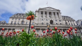 London UK 10 April 2025. A flower bed with tulips in bloom in front of the Bank of England in the city of London. The FTSE 100 has surged  higher today at the start of market trading after President Trump announced a suspension of global tariffs . Credit