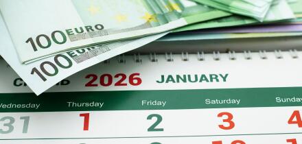 Euro money on paper calendar showing January 2026, concept of financial planning, savings and new year budget