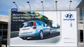 Outdoor Hyundai car advert, Christchurch International Airport, Harewood, Christchurch, Canterbury, New Zealand. Image shot 2009. Exact date unknown.