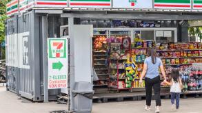 LOEI,Thailand,July 06,2019: 7 eleven mini shop in containers in the city design 7-Eleven is an brand of convenience stores that owns some 60,000