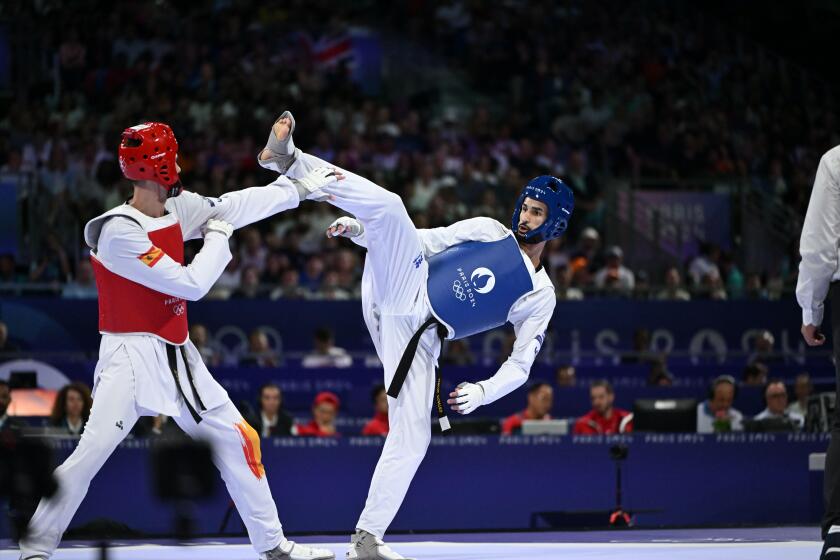 PARIS - FRANCE August 08, 2024 - Paris 2024 Olympic Games Taekwondo during the Olympic Games, fighters from Brazil, Jordan, France, Iran, Spain