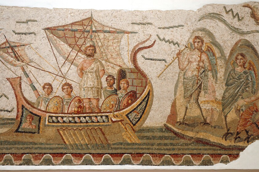 Mosaic scene from Homer's Odyssey, Ulysses meeting with sirens in The Bardo museum in Tunis, capital of Tunisia.