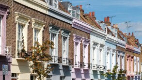 Colourful terraced houses on Hartland Road in Camden, London, England, UK