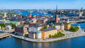 Stockholm. Aerial view of Riddarholmen and Gamla Stan (Old Town) from the Tower of Stockholm City Hall (Stadshuset), Kungsholmen, Stockholm, Sweden