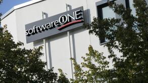 A logo sign outside of a facility occupied by SoftwareONE in Munich, Germany, on August 26, 2018. (Photo by Kristoffer Tripplaar/Sipa USA)