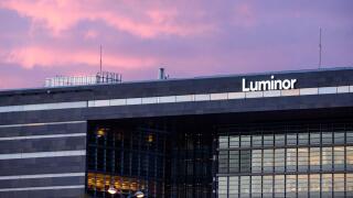 27.04.2018. RIGA, LATVIA. Facade of Luminor bank building in Riga, Latvia during sunset.