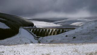 The Statkraft Reservoir (dam) Nant y Moch in the winter landscape