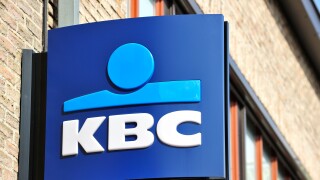 Signboard with logo of KBC bank, Flanders, Belgium