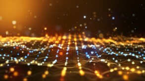 Glow golden digital landscape with cube particle. Crypto currenc