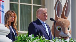 President Donald Trump and first lady Melania Trump participate in the White House Easter Egg Roll on the South Lawn of the White House, Monday, April 6, 2026, in Washington. (AP Photo/Mark Schiefelbein)